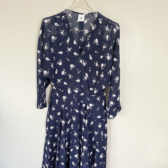 Cabi Sheer Dream Midi Dress Chiffon Lined Size 4 Navy Floral Asymmetrical New - Picture 5 of 8